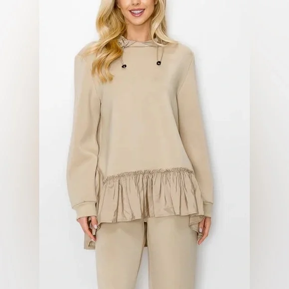 Size medium - French Scuba Hoodie in taupe - ruffled hem- new with tags - Picture 5 of 5